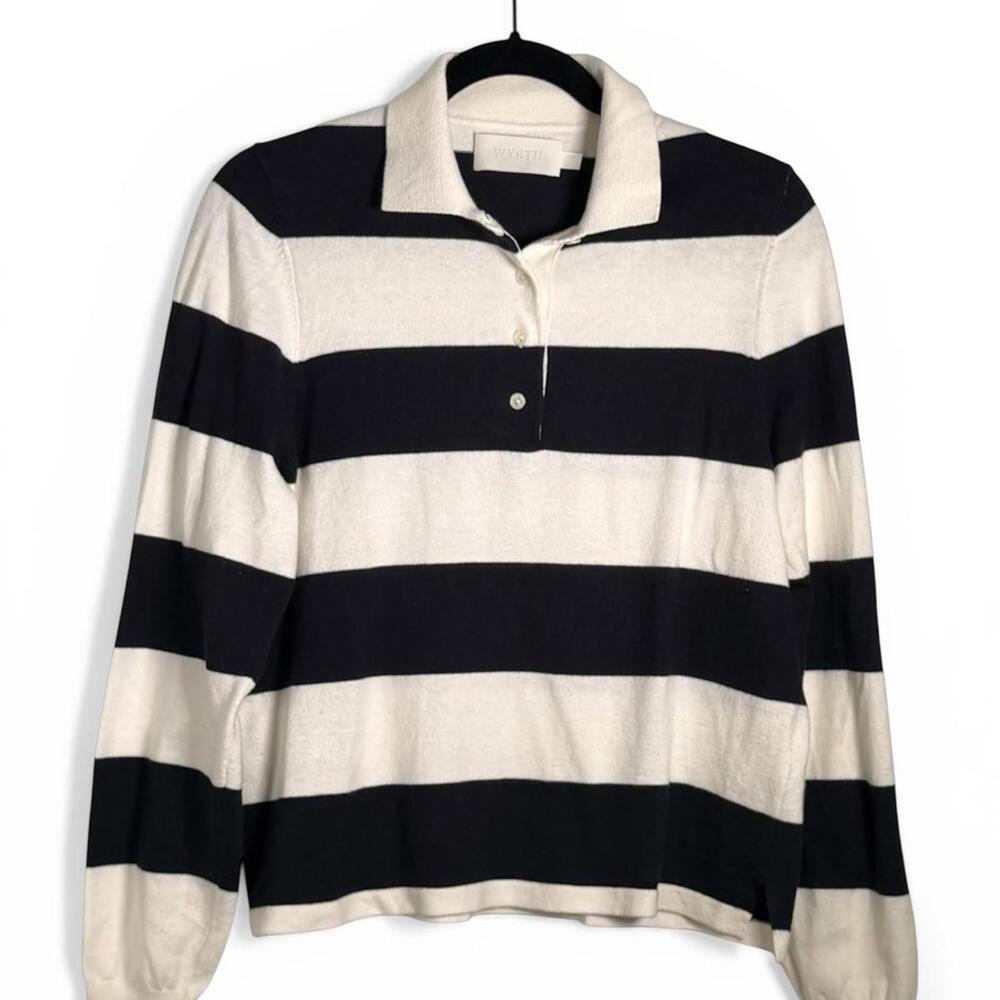 Wyeth Navy White Striped Knit Polo Sweater Cotton Cashmere Womens XS Preppy Top - Picture 8 of 9